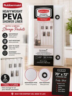 NWT Rubbermaid Heavyweight PEVA Shower Curtain Liner 70x72 w/ 5 Mesh Storage Poc